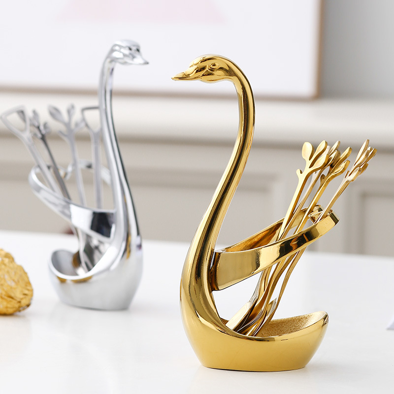 Stainless Steel Swan Dinnerware Set Gold Fruit/Dessert Cutlery Set For Swan Base Holder Silver Leaf Forks Portable Teaspoon