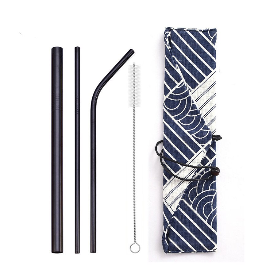 Reusable Metal Drinking Straws 304 Stainless Steel Straw Bent Straight Smoothies Straw with Cleaning Brush Bar Party Accessory: black-bag2