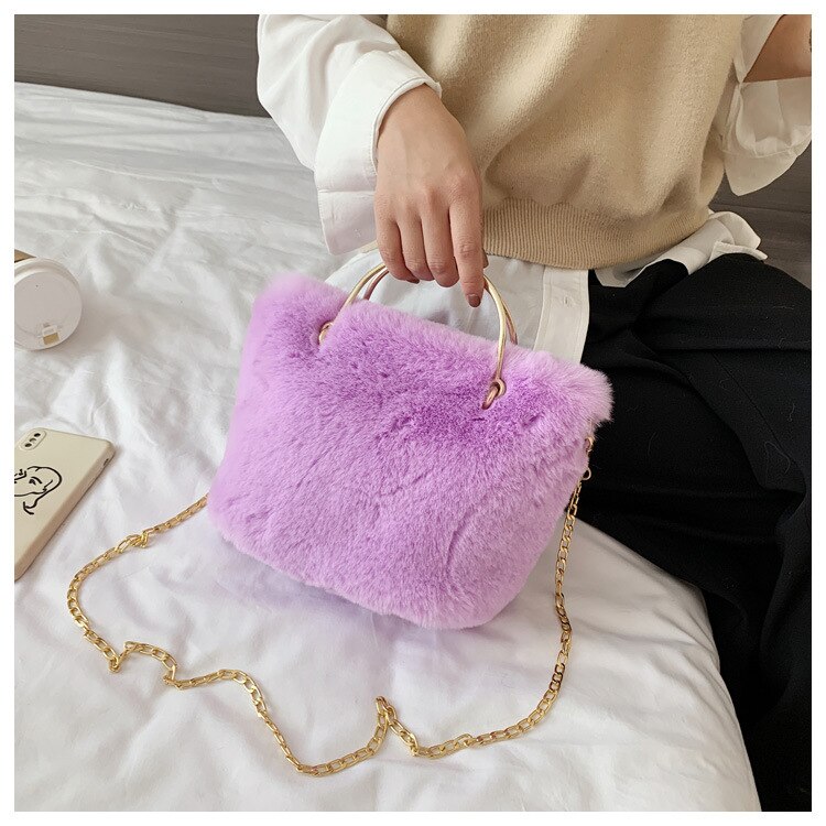 Meisje Mooie Zachte Pluche Schoudertas Faux Fur Winter Keten Crossbody Tas Draagbare Lady Casual Tote Party Handtas: Paars