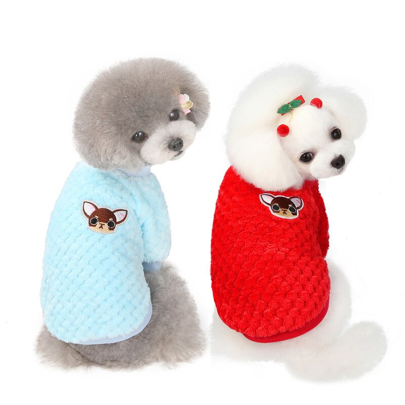 Cozy Soft Plush Pet Dog Sweater Clothes Pajamas Round Neck Cat Kitten Jumper Coat Embroidery Coral Fleece Puppy Sweater Coat