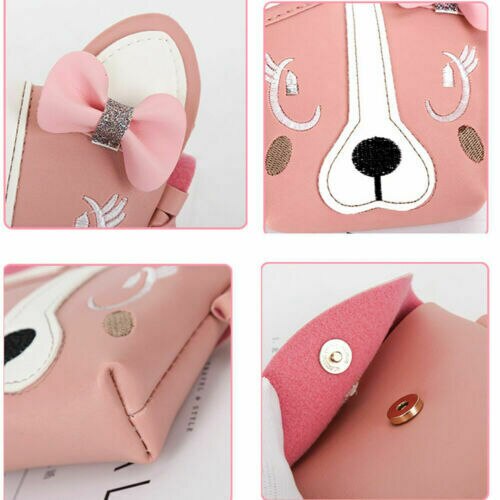 Kids Girl Crossbody Mini Shoulder Bag PU Leather Cute Dog Bowknot Kids Girls Casual Messenger Bags Handbag