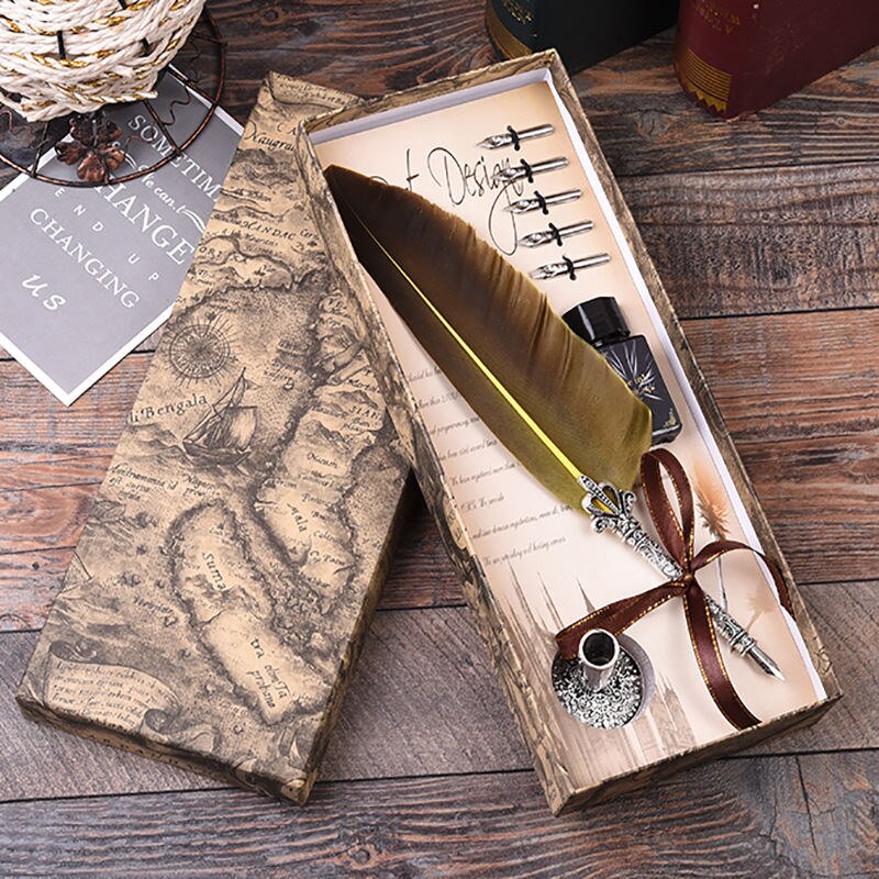 Engels Kalligrafie Veer Dip Pen Schrijven Inkt Set Briefpapier Box met 5 Nib Huwelijkscadeau Quill Vulpen pen: Geel