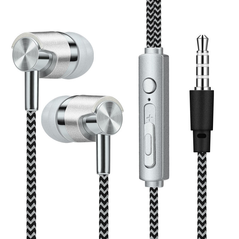 Écouteurs filaires en nylon tressé avec micro, écouteurs stéréo, prise 3.5mm, écouteurs intra-auriculaires, casque de musique sport RapBass, universel: Argent