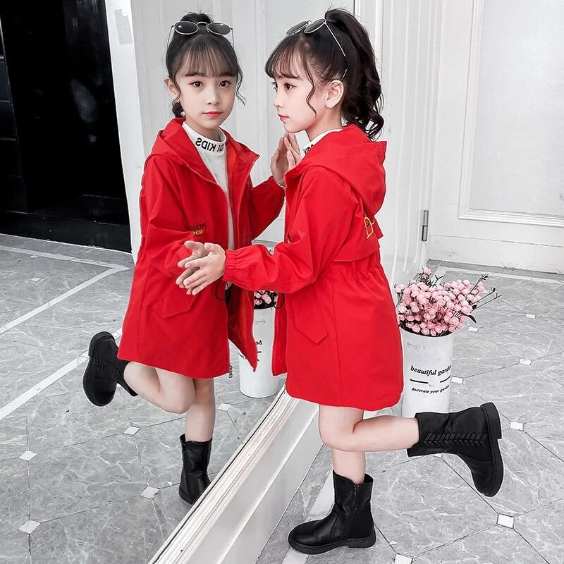 Teens Black Fall Hooded Windbreaker Spring Autumn Clothing Embroidery Letter Jackets for girls Children's Mid-length Trench Coat: Red / 20 (1M)