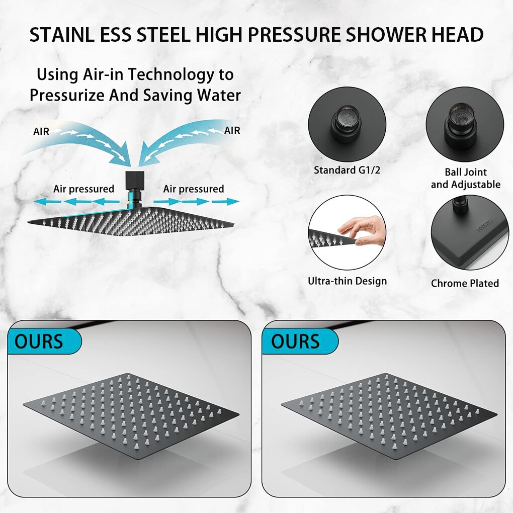 8/12 inch Rainfall Shower Head Stainless Steel Square Round Rain Shower Head Pressurized Big Shower Head