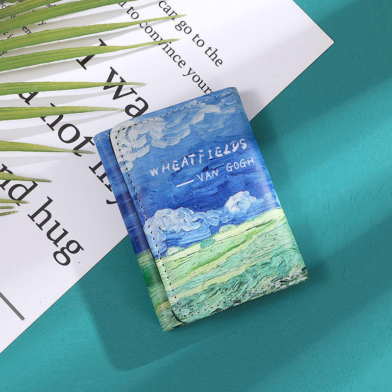 Van Gogh Painting Pattern Wallet Women Folding Leather Short Wallets Niche Bank Credit Card Holder Girl's Purse: Blue