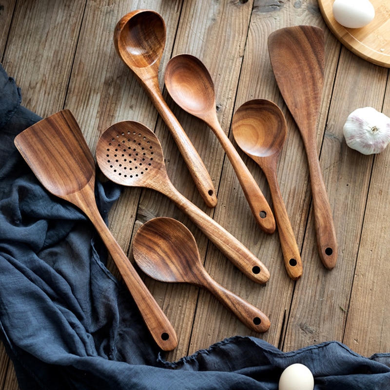 7 Uds. De cucharas de madera para cocinar juego de utensilios de cocina Cocina de madera conjunto de accesorios para cocina espátula de madera herramientas de cocina vajilla