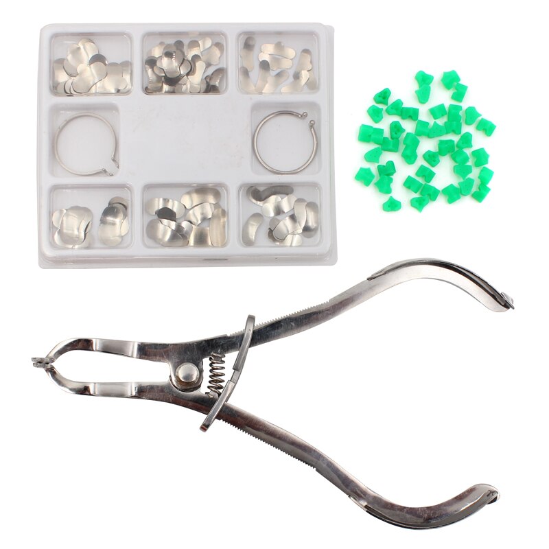 100Pcs Dental Matrix Sectional Contoured Metal Matrices No.1.398+ Matrix Band Forming Clip+40pcs wedges silicone Dentist Tools: a set