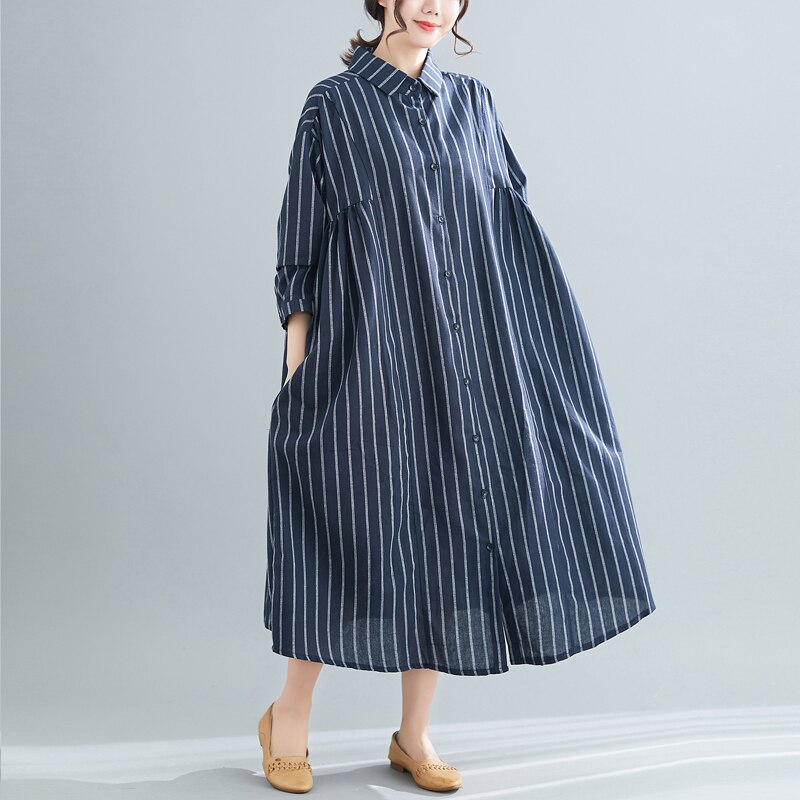 Superaen plus size all-match bomull og lin løs stripet hel turn down krage skjorte jakke kvinne kjole