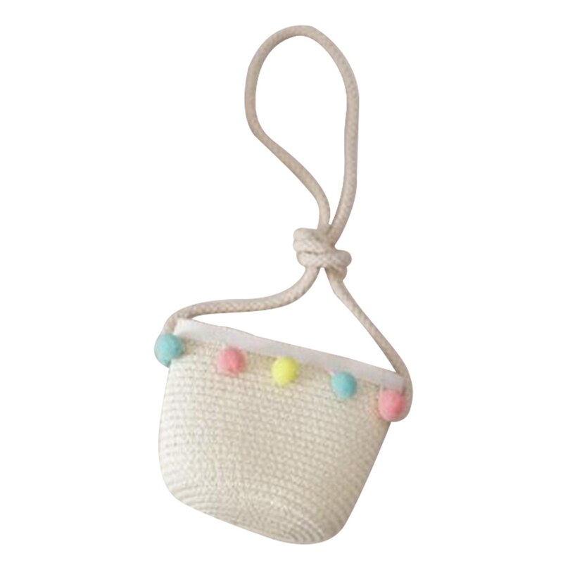 Gorro de paja tejida con ala ancha para niños y niñas, gorro de playa con pompón colorido, cubo flexible, bolso portátil: BB7314WT2