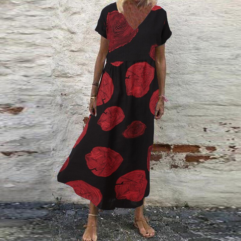 De las mujeres vestido de tirantes de verano estampado Retro vestido Maxi ZANZEA pantalón corto Casual manga Vestisdos mujer cuello en V bata de 5XL: Rojo / XXL