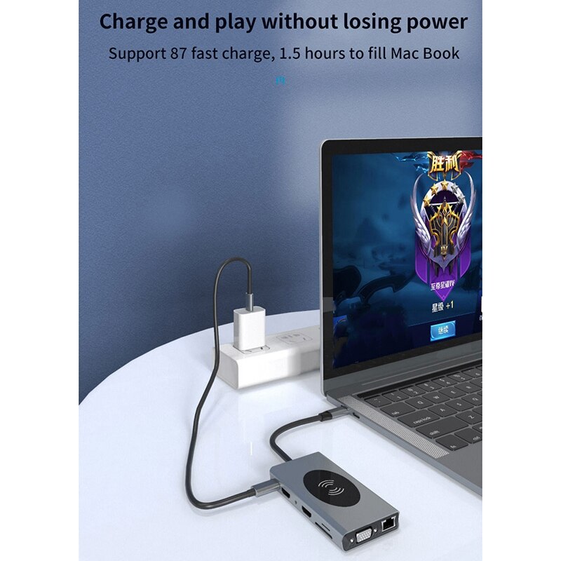 14 in usb c-hub, dubbele hdmi  rj45 vga, draadloos opladen 1 usb-hub 3.0, adapterdock voor pro usb-splitter