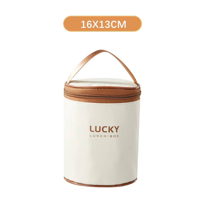 Portable Beige Thermal Lunch Box Bag Round Barrel Insulated Cooler Pouch Bento Food Storage Bags for Kids Meal Dinner Container: Clear
