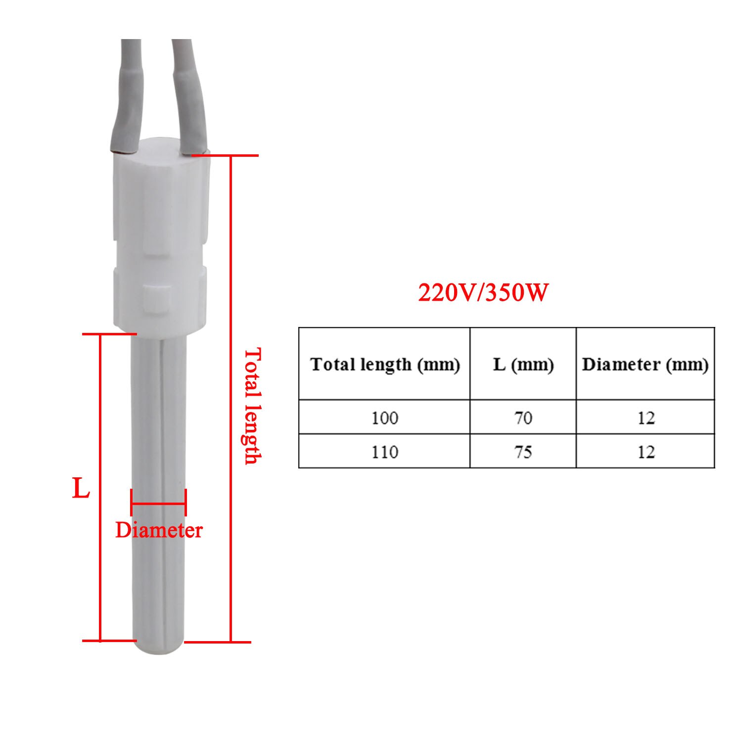 Ignitor de tubo OD11.5 * ID6.5 * L100mm 110mm, bloqueo de 220V 350W, MCH, encendedor de cerámica, estufa de Pellet, calefacción de varilla