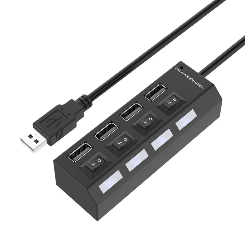 Robotsky usb 2.0 hub 4 portas de alta velocidade divisor usb com led indicador de ligar/desligar interruptor para desktop notebook portátil: Black