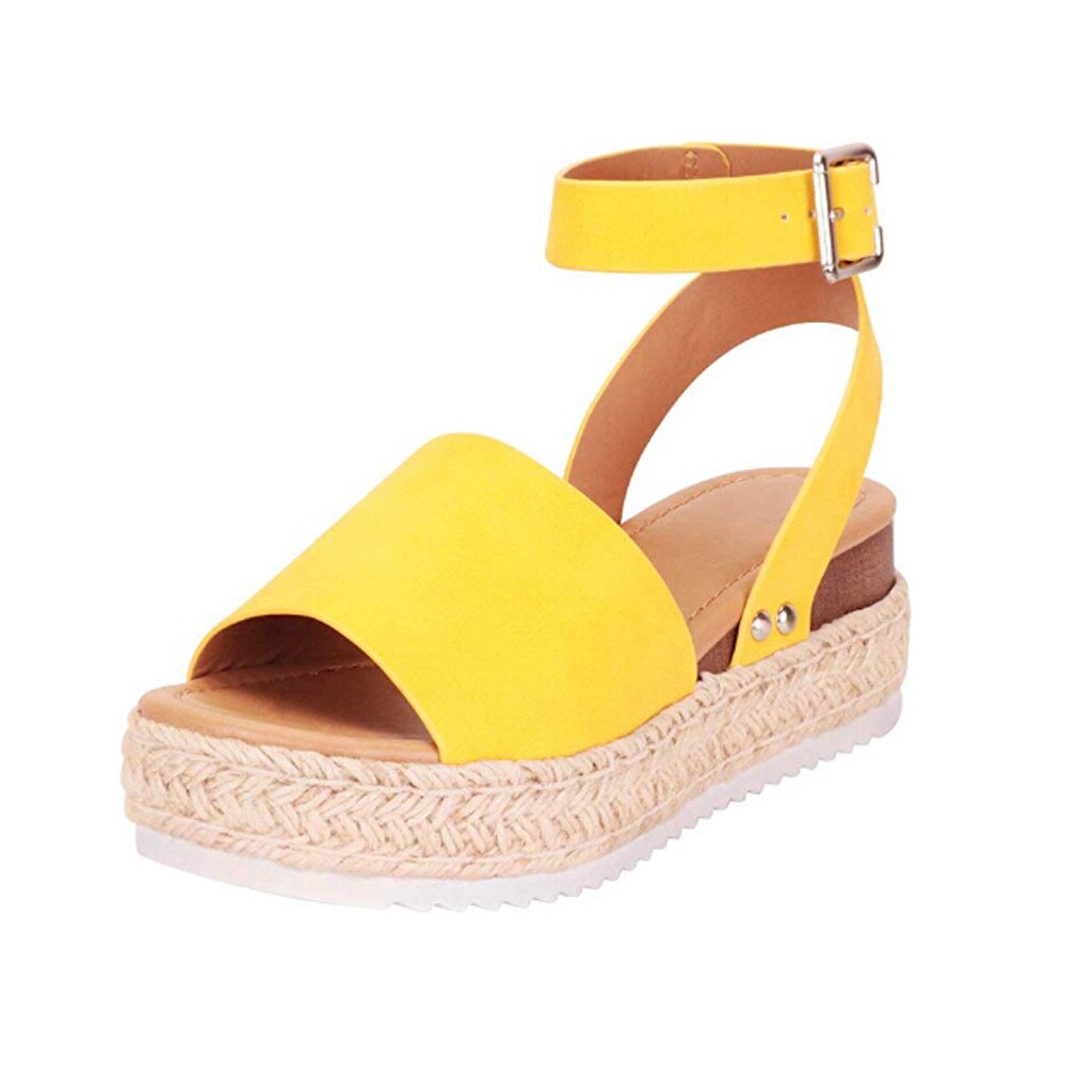 Décontracté semelle en caoutchouc clouté Chaussures compensées Femme boucle bride à la cheville sandales à bout ouvert femmes Chaussures plate-forme Chaussures Femme Zapatos: Yellow  / 40