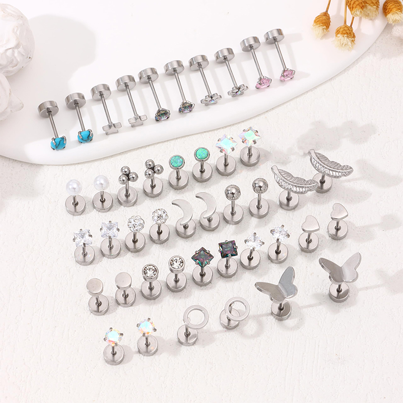 2PCS/Set Stainless Steel Heart Moon Earbone Stud Screw Ball Stud Earrings for Women Ear Tragus Cartilage Body Piercing