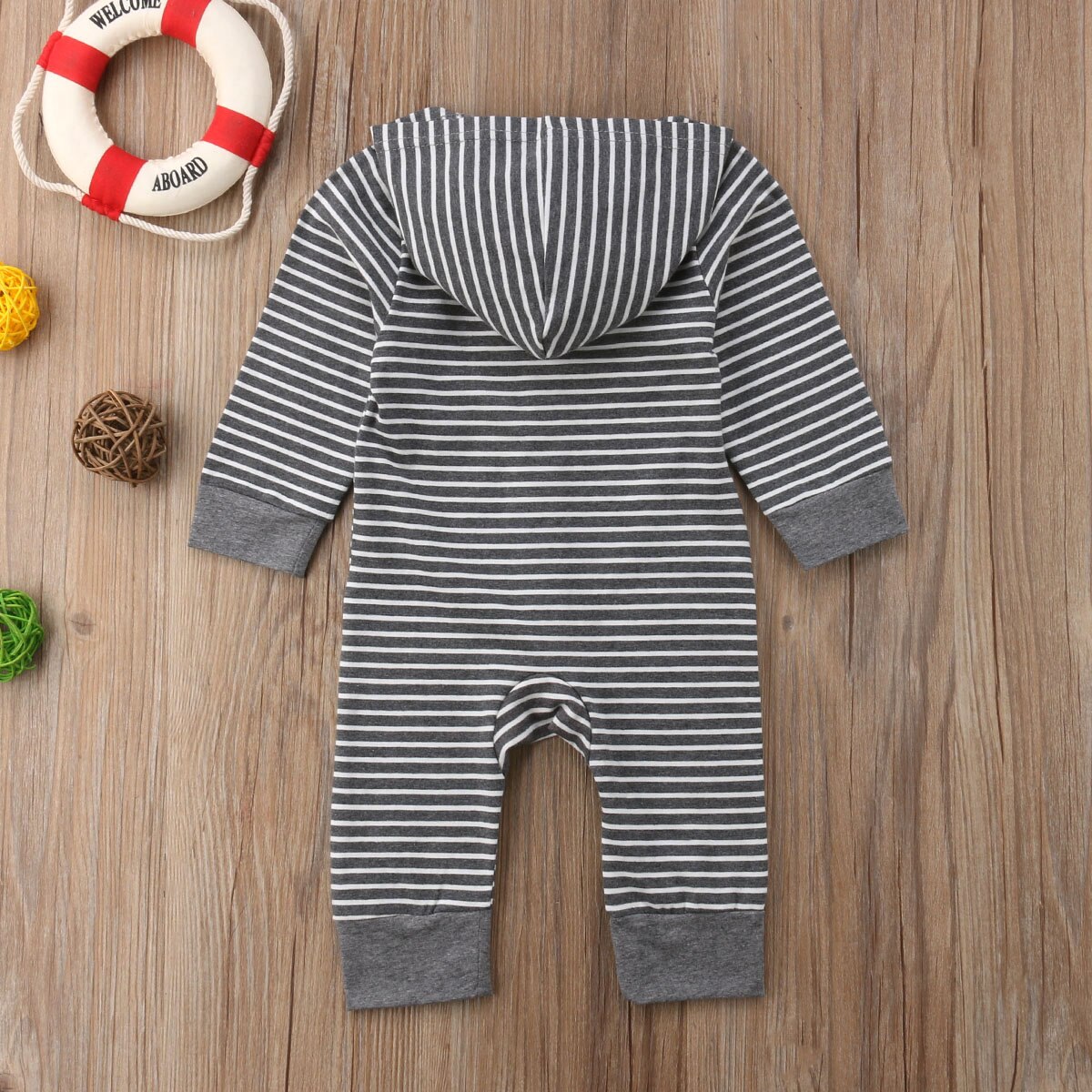 0-24M printemps automne tenues enfant en bas âge bébé filles garçons à capuche à manches longues simple boutonnage gris rayé combinaisons barboteuses