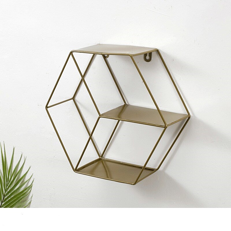 Nordisk stil metal dekorativ hylde rund sekskant opbevaringsholder stativ hylder hjem vægdekoration potte ornament holder stativ: Sekskant gylden