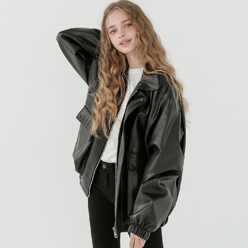 Lautaro veste en cuir surdimensionné femmes fermeture éclair manches longues col rabattu ample noir grande taille faux cuir vestes pour les femmes