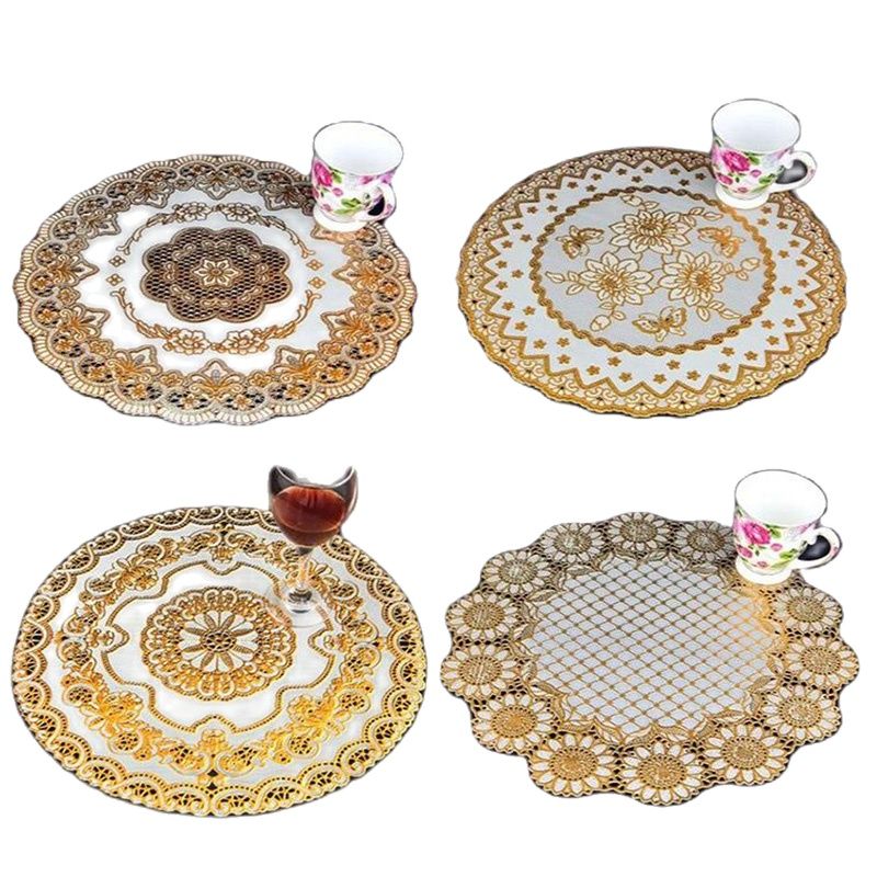 2022 heiße Spitze PVC Gold Kunststoff Tabelle Ort matt Pad Tuch Tasse Hochzeit Speise Tee Kaffee Bahn Tischset Becher Deckchen trinken Küche