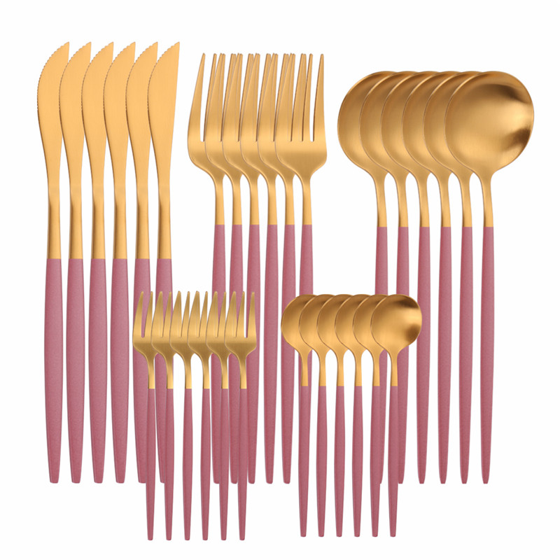 30 Pcs Matte Flatware Tableware Fork Knive Spoon Stainless Steel White Golden Cutlery Set Home Kitchen Tableware Set Dinnerware: pink gold 30pcs