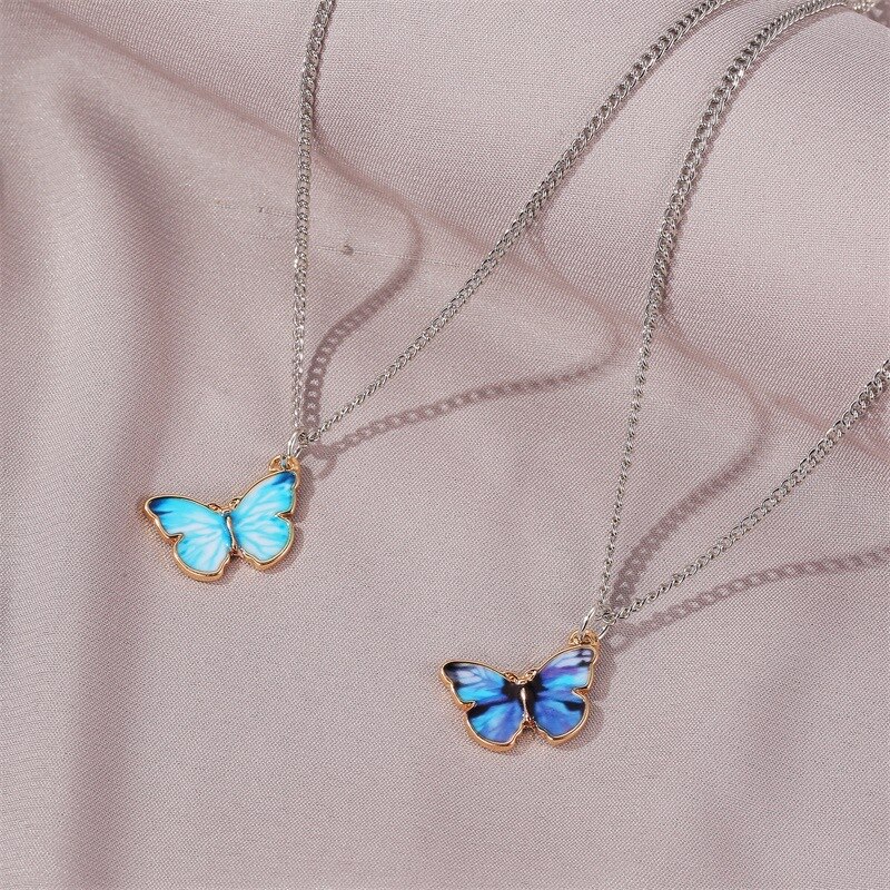 Collier papillon bleu violet pour femmes, pendentif Simple à la , chaîne en métal, bijoux
