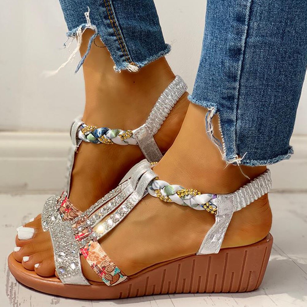 Gladiator Sleehak Elastische Band Kristallen Zomer Vrouwen Schoenen Vrouw Sandalen Strand Sandalen