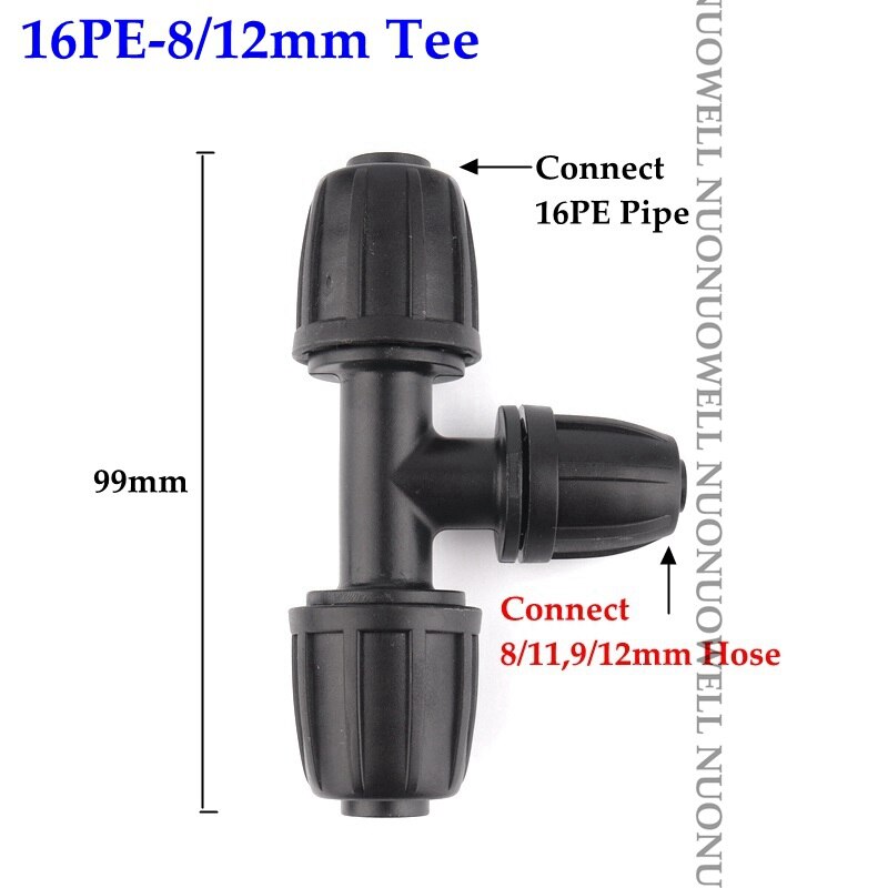 2 stuks 16mm irrigatie pe buisconnectoren borgmoeren tuinwaterconnector landbouwbewateringsbuis slangkoppelingen buisverbindingen: 16pe-8 l 12mm tee