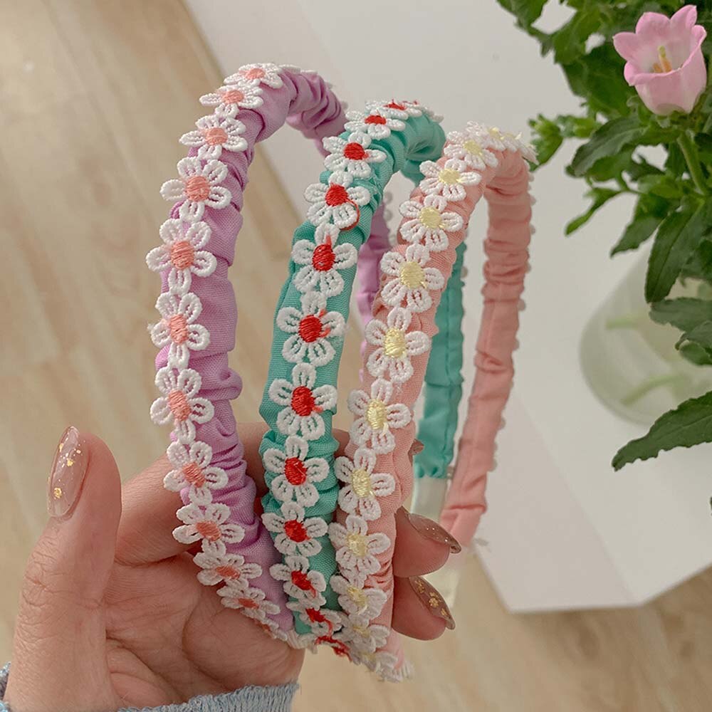 Zomer Baby Meisjes Snoep Kleine Kant Bloem Meisjes Hoofdbanden Kids Hoofd Hoepel Haarbanden Eenvoudige Geplooide Hoofddeksels Handgemaakte Accessoires