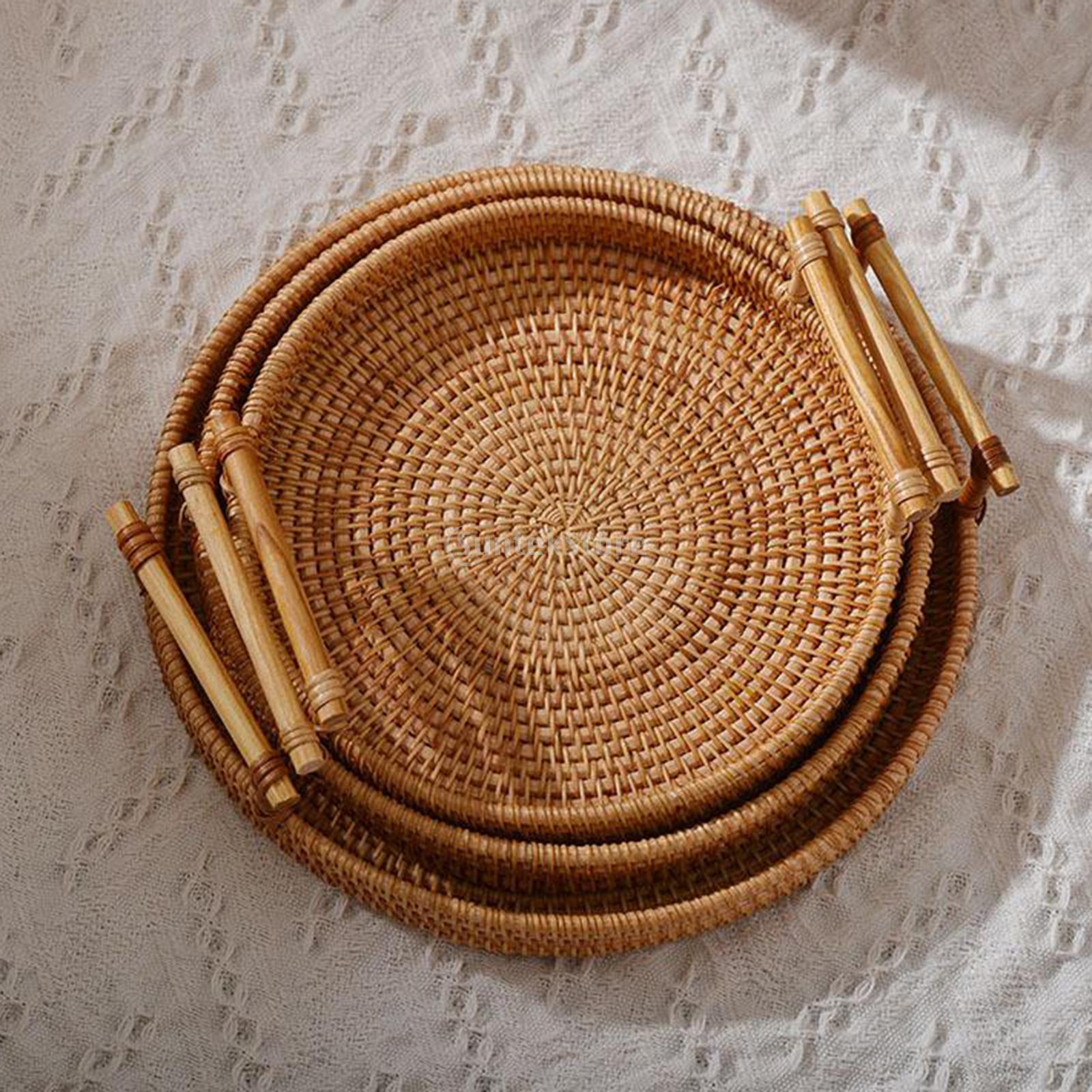 Premium Round Handwoven Basket Serving Tray with Handles Flower Drinks Snack