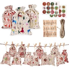 24Pcs Advent Kerst Kalender Vullen Snoep Linnen Tassen Sieraden Verpakking Bagspresent Sweets Zakjes Kerst Decoratie
