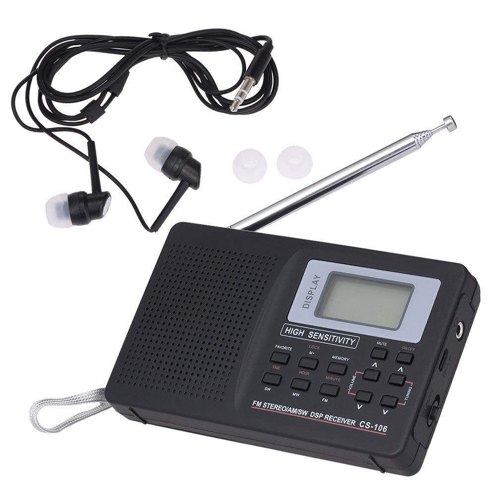 Portable FM / AM / SW Radio Multiband Digital Stereo Radio Receiver Earphone Output Time Display External Antenna w/ Alarm Clock