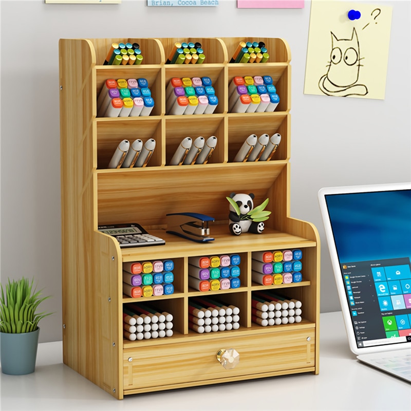 Multi-function Wooden Desktop Pen Holder Office School Stationery Storage Stand Case Desk Pen Pencil Organizer