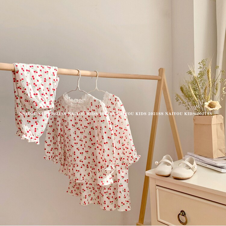 Robe de nuit Lolita pour enfants, imprimé cerise, chemises de nuit princesse à volants, vêtements de nuit pour tout-petits