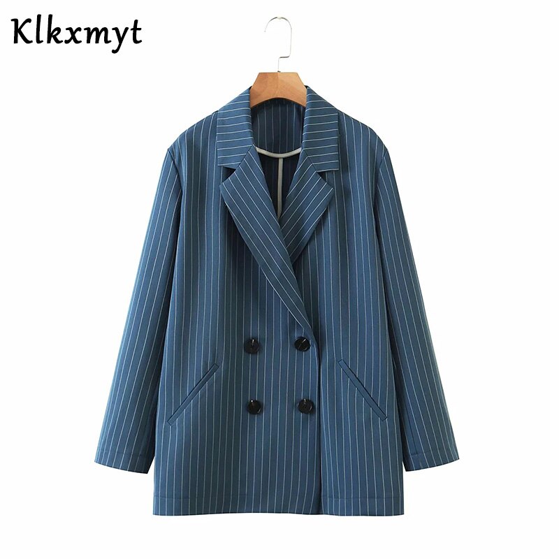 Klkxmyt-ensemble 2 pièces pour femme, bureau anglais, à rayures, solides et simples, à double boutonnage, hauts et pantalons: Tops / S
