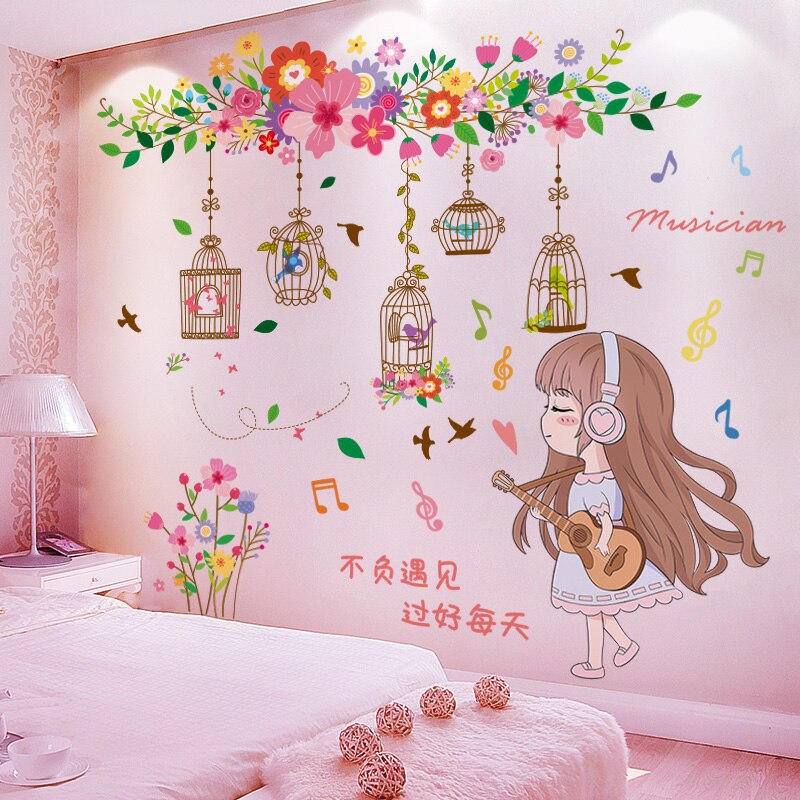 [SHIJUEHEZI] pegatinas de pared de dibujos animados para niña, pegatinas de pared DIY con forma de jaula de flores para niños, dormitorio, habitación de bebé, guardería, decoración del hogar: girl and flower