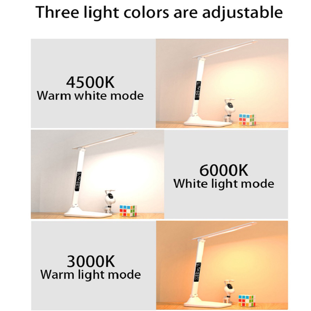 Lampada da tavolo pieghevole Lettura USB Touch Dimmerabile Protezione per gli occhi con sveglia Termometro Lampada da scrivania a LED Carica USB Luce notturna