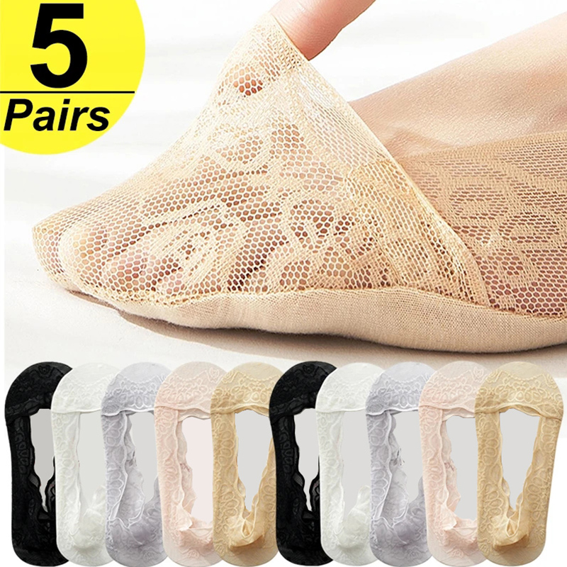 Lot de 5 paires chaussettes femmes en lot soquettes courtes femme de chaussettes en dentelle pour femme, invisible, été, transparent, court, ensemble de rinçage, blanc, coupe basse, silicone, antidérapant, bateau