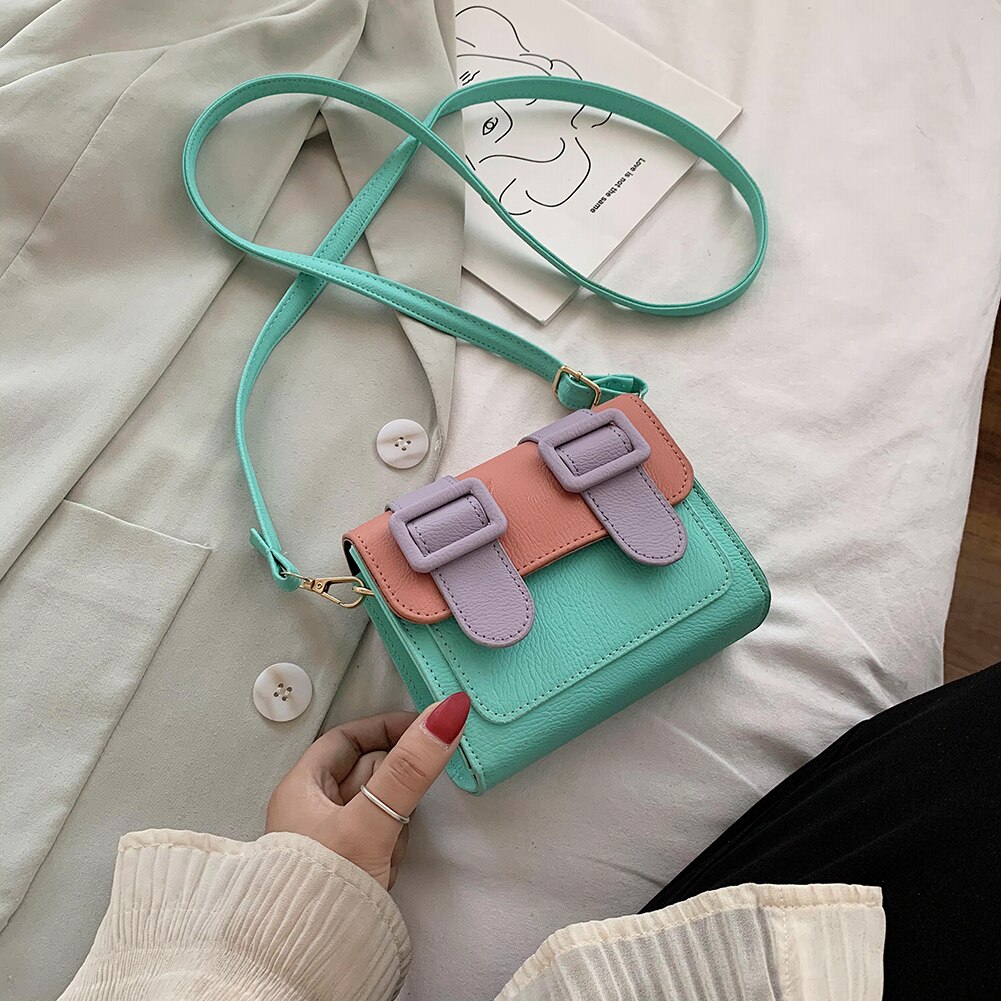 Casual Hit Color Women Shoulder Bags PU Leather Flap Crossbody Handbags Purse Popular Simple Female Daily Bag: Green