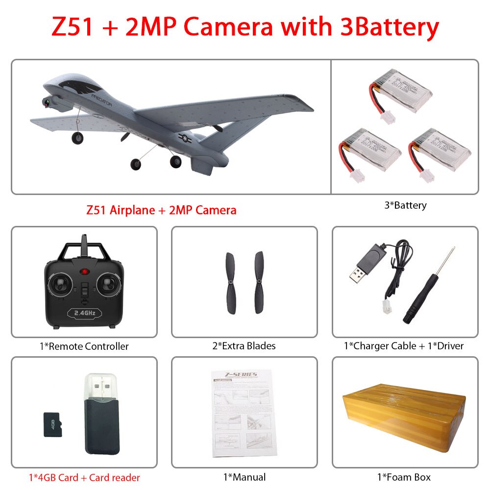 RC Airplane Plane Z51 with 2MP HD Camera or No Camera 20 Minutes Fligt Time Gliders With LED Hand Throwing Wingspan Foam Plane: 2MP 3B foam box