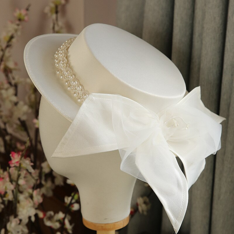 White wedding Hat Retro Topper Spring Summer Bowknot Pearls Decoration Accessories Top Hat