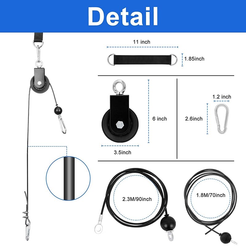 Fitness Pulley System, With 1.8M/2. Fitness Replacement Cable 360 Rotation Pulley Hanging Straps And Hoist Buckles
