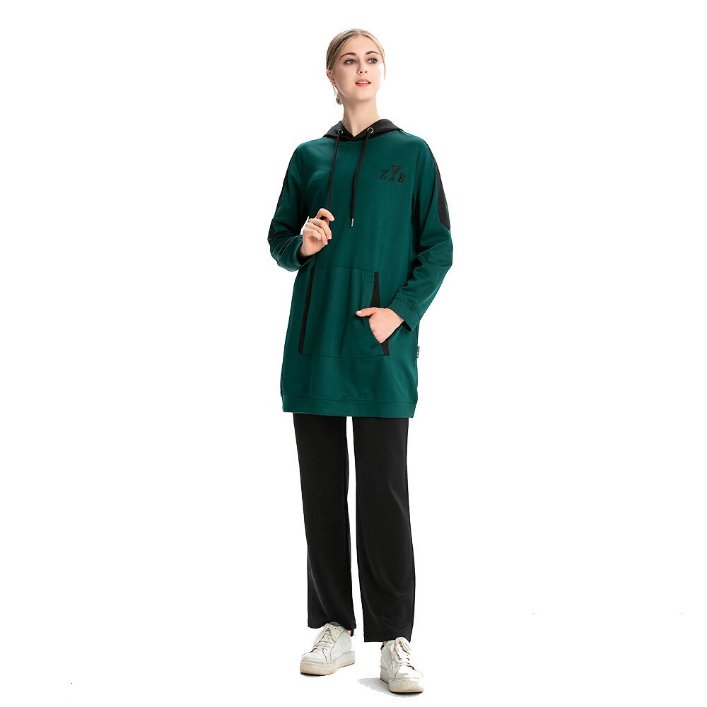 Moslim sportkleding trainingspak dames katoenen tweedelig set hoodie joggingbroek sporttops broeken kleding pakken: Groente / Xl
