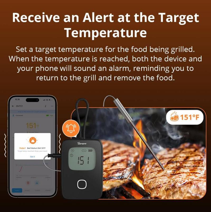 Sonoff Ewelink BMT01 Il termometro per carne per barbecue trasmette dati di temperatura al promemoria timer del telefono cellulare in tempo reale