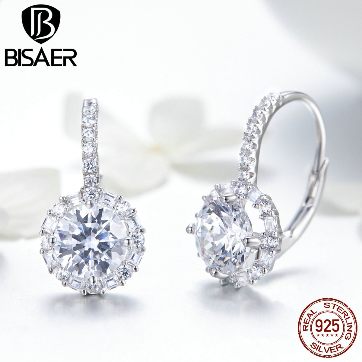 BISAER Klassische 925 Sterling Silber Runde Zirkon Ohrringe Einfache Kreis CZ Zucht Ohrringe für Frauen Hochzeit Schmuck ECE508