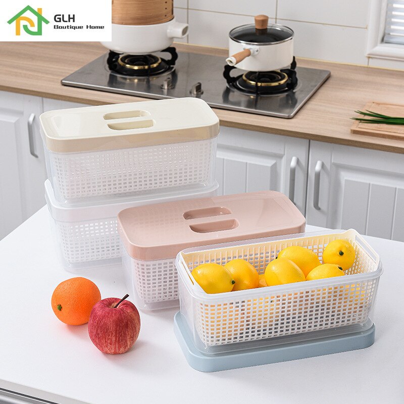 Japanese Plastic Double-Layer Drain Storage Box Rectangle Refrigerator Transparent Sealed Food Preservation Box