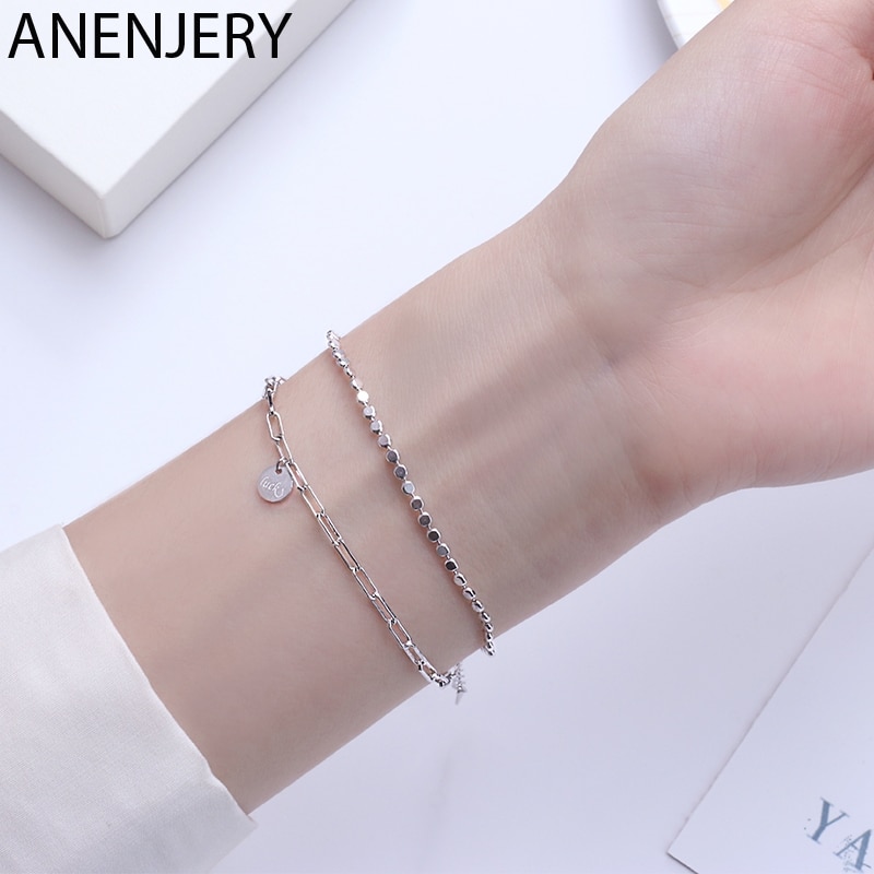 Anenjery Double Layer Ronde Schijf Lucky Charm Armband Voor Vrouwen Rose Goud Kleur Verstelbare Ketting Armband Sieraden S-B434