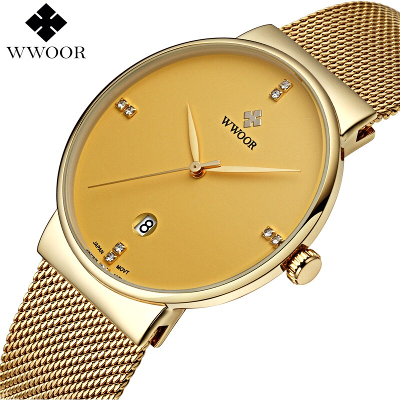 WWOOR-montre de luxe pour hommes, en acier inoxydable, doré, montre à Quartz minimaliste, diamant