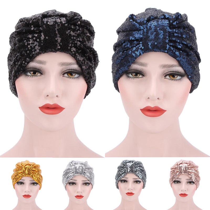 Couvre-tête à motif de paillettes pour femmes, Turban, Bonnet, chapeau, écharpe musulmane, casquette, nœud rond réutilisable, Harajuke